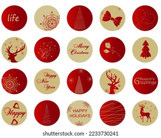 Round icons with New Year and Christmas design, Christmas trees, deer, snowflakes, greetings text. For highlighting stories, social networks, for bloggers, photographers, for highlighting covers. 