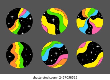 Iconos redondos del espacio psicodélico. Estilo retro estupendo