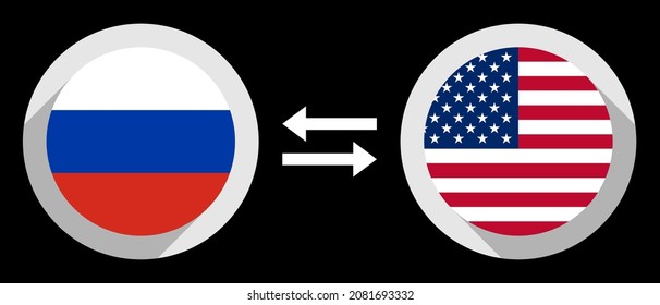 round icons with russia and usa flags. rub to usd exchange rate concept
