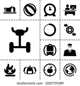 Round icons. set of 13 editable filled round icons such as clock, backpack, beach ball, wheel, planet, no fire, qround the globe, loading, security guy, table, vice clamp