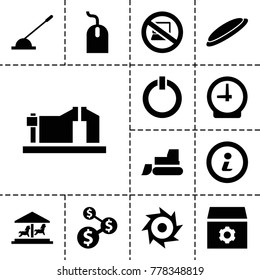 Round icons. set of 13 editable filled round icons such as mouse, gear, tractor, dollar sign, arm lever, switch off, info, saw, no laptop, clock, vice clamp, carousel