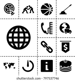 Round icons. set of 13 editable filled round icons such as globe, info, world map, cake, arm lever, pizza, stopwatch camera, judo, phone, chain, international delivery