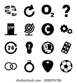 Round icons. set of 16 editable filled round icons such as globe, pizza, o2 oxygen, rings, keyhole, gear, medical pills, guitar mediator, reload, vip door, 24 hours, fotball