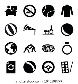 Round icons. set of 16 editable filled round icons such as ball, paints, sweater, sphere, pizza, planet, steering wheel, judo, tennis ball, no laptop