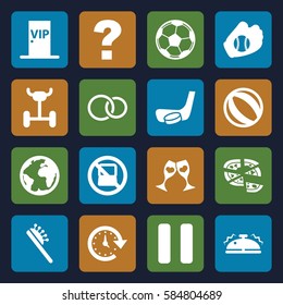 round icons set. Set of 16 round filled icons such as no laptop, hair brush, pizza, clink glasses, rings, pause, vip door, bell, hockey stick and puck, baseball glove, fotball