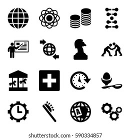 round icons set. Set of 16 round filled icons such as hair brush, globe, boiled egg, qround the globe, clock in gear, coin, judo, gear, time, teacher, dna, chess horse