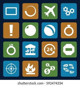 round icons set. Set of 16 round filled icons such as ball, pizza, no fire, 24 support, dna, burst, plane, gear, ring, carousel, dollar sign, minus, loading, exclamation point
