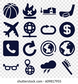 Round Icons Set. Set Of 16 Round Filled Icons Such As Thunder, Hair Brush, Vice Clamp, Basketball, No Fire, Pin On Globe, Reload Replay, Call, Hockey Stick And Puck