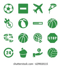Round icons set. set of 16 round filled icons such as pizza, basketball, muffin, disc flame, stop, 24 hours, volleyball, fotball, beach ball, plane, minus, hand on coin