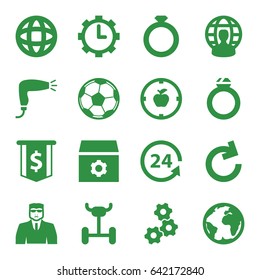 Round icons set. set of 16 round filled icons such as hair dryer, security guy, gear, 24 support, clock in gear, fotball, user globe, globe, apple target, planet, ring, wheel