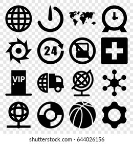 Round icons set. set of 16 round filled icons such as no laptop, globe, clock, basketball, stopwatch camera, vip door, 24 hours, gear, lifebuoy, saw, international delivery