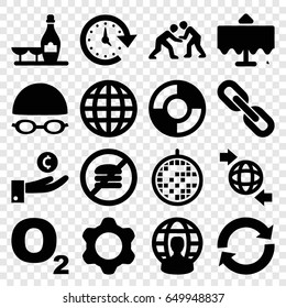 Round icons set. set of 16 round filled icons such as restaurant table, champagne and wine glasses, qround the globe, disco ball, swimming hat and glasses, judo, time, gear