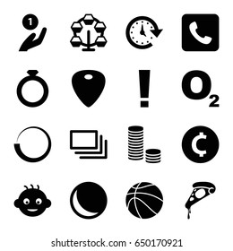 Round icons set. set of 16 round filled icons such as baby, pizza, guitar mediator, call, burst, basketball, time, carousel, sphere, coin, coin on hand, ring, loading