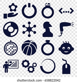 Round icons set. set of 16 round filled icons such as baby, hair dryer, mouse, disco ball, gear, switch off, lifebuoy, teacher, ring, atom in hand, chess horse, basketball