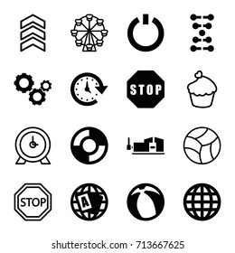 Round icons set. set of 16 round filled and outline icons such as globe, vice clamp, stop, gear, switch off, time, lifebuoy, beach ball, dna, clock, muffin, arrow