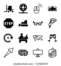 Round icons set. set of 16 round filled and outline icons such as table, tractor, pizza, clink glasses, bell, stop, time, globe, restaurant table, piece of cake