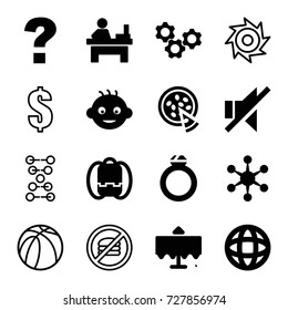 Round icons set. set of 16 round filled and outline icons such as restaurant table, baby, table, no sound, pizza, globe, gear, ring, dollar, basketball, saw, backpack
