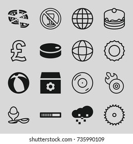 Round icons set. set of 16 round filled and outline icons such as gear, pizza, hockey puck, beach ball, defragmentation, blade saw, cake, boiled egg, no alcohol, disc on fire
