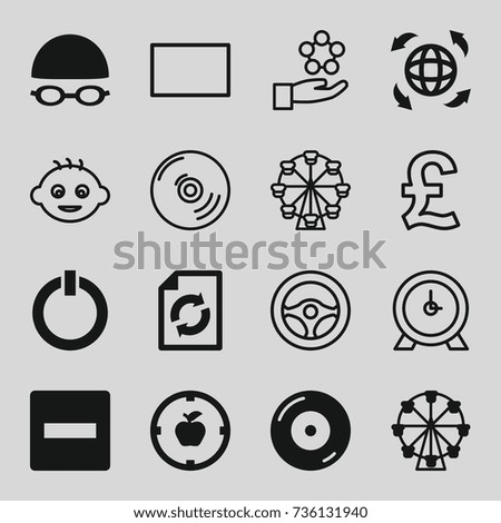 Round icons set. set of 16 round filled and outline icons such as reload, disc on fire, globe, switch off, swimming hat and glasses, apple target, baby, clock, burst, cd