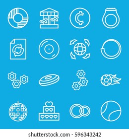 round icons set. Set of 16 round outline icons such as reload, rings, disc on fire, globe, disco ball, lifebuoy, football ball, tennis ball, gear, ring, coin, cake, loading