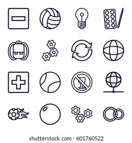 round icons set. Set of 16 round outline icons such as paints, no alcohol, rings, globe, football ball, volleyball, tennis ball, plus, minus, gear, backpack, bowling ball