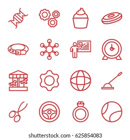Round icons set. set of 16 round outline icons such as manicure scissors, belt, clock, muffin, arm lever, dna, gear, teacher, globe, steering wheel, tennis ball, ring, virus