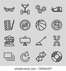 Round icons set. set of 16 round outline icons such as restaurant table, no laptop, paints, vice clamp, arm lever, burst, lifebuoy, basketball, glasses, dna, wheel, reload