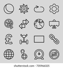 Round icons set. set of 16 round outline icons such as restaurant table, globe, clock, pin on globe, reload replay, pizza, burst, gear, chain, saw, sphere, wheel, pound