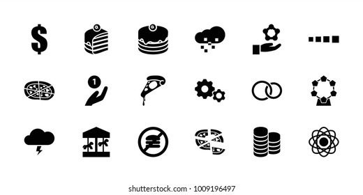 Round icons. set of 18 editable filled round icons: dollar, atom, carousel, pizza, cake, piece of cake, coin on hand, no fast food, atom in hand, rings, gear, loading