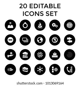 Round icons. set of 20 editable filled round icons such as carousel, ring, piece of cake, hand on coin, globe, gear, planet. best quality round elements in trendy style.