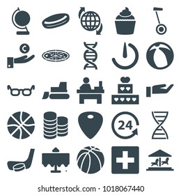 Round icons. set of 25 editable filled round icons such as restaurant table, table, tractor, plus, glasses, hockey puck, cake, muffin, hand on coin, basketball, 24 support