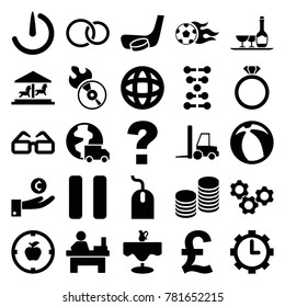 Round icons. set of 25 editable filled round icons such as mouse, table, question, hand on coin, pound, dna, rings, apple target, gear, disc flame, pause, clock in gear