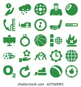 Round icons set. set of 25 round filled icons such as restaurant table, ball, security guy, tractor, vice clamp, no fire, clock in gear, info, football ball
