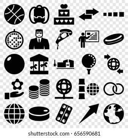 Round icons set. set of 25 round filled icons such as globe, security guy, vice clamp, pizza, qround the globe, rings, medical pills, disco ball, coin, golf ball, hockey puck