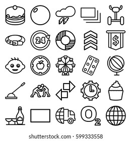 round icons set. Set of 25 round outline icons such as thunder, baby, belt, champagne and wine glasses, cake, muffin, arm lever, medical pills, clock in gear, burst, 24 hours