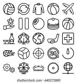 Round icons set. set of 25 round outline icons such as champagne and wine glasses, sweater, blade saw, cake, 24 support, dna, pause, stopwatch camera, bell, beach ball, globe