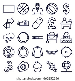 Round icons set. set of 25 round outline icons such as security guy, sweater, dollar, table, blade saw, concrete mixer, vice clamp, no alcohol, round the globe, muffin, pill