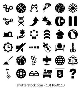 Round icons. set of 36 editable filled round icons such as globe, question, carousel, pizza, basketball, belt, clink glasses, muffin, gear, disc flame, arm lever, dna