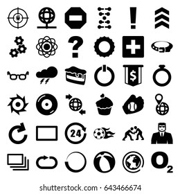 Round icons set. set of 36 round filled icons such as thunder, belt, security guy, piece of cake, qround the globe, pin on globe, muffin, disc on fire, dna, reload replay