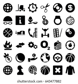 Round icons set. set of 36 round filled icons such as globe, paints, manicure scissors, sweater, tractor, vice clamp, piece of cake, boiled egg, basketball, no fire