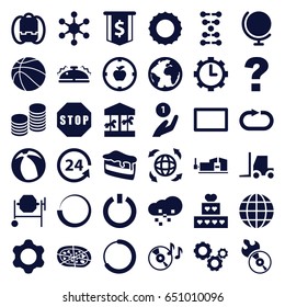 Round icons set. set of 36 round filled icons such as concrete mixer, tractor, vice clamp, piece of cake, pizza, 24 support, disc on fire, disc flame, globe, reload replay