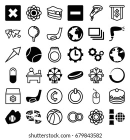 Round icons set. set of 36 round filled and outline icons such as globe, hair dryer, pizza, pill, clock in gear, burst, hockey stick and puck, baseball glove, tennis ball