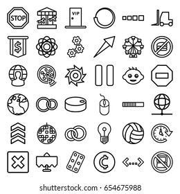 Round icons set. set of 36 round outline icons such as restaurant table, no laptop, globe, baby, mouse, tractor, rings, medical pills, pause, pizza, disco ball, vip door, stop