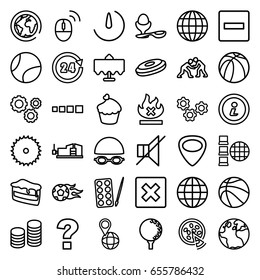 Round icons set. set of 36 round outline icons such as restaurant table, globe, paints, blade saw, vice clamp, piece of cake, boiled egg, basketball, no fire, pin on globe