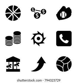 Round icons. set of 9 editable filled round icons such as carousel, call, coin, baseball glove, beach ball, saw, basketball, dollar sign