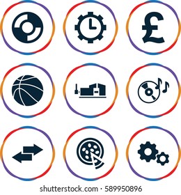round icons set. Set of 9 round filled icons such as vice clamp, disc on fire, clock in gear, pizza, basketball, lifebuoy, gear, arrow