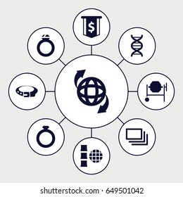 Round icons set. set of 9 round filled icons such as belt, concrete mixer, qround the globe, dna, burst, ring, dollar sign