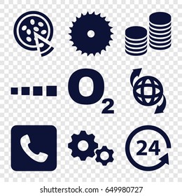Round icons set. set of 9 round filled icons such as blade saw, qround the globe, 24 support, call, pizza, coin, gear, loading
