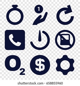 Round icons set. set of 9 round filled icons such as no laptop, call, stopwatch camera, gear, dollar coin, coin on hand, ring, reload
