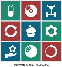 Round icons set. set of 9 round filled icons such as muffin, pill, gear, cd, reload, atom in hand, wheel, clock